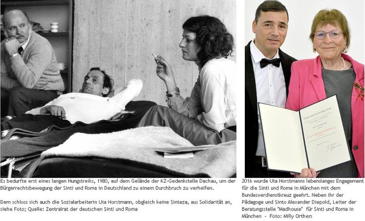 Schwarz-weiß-Foto von drei Personen, die an einem Tisch sitzen, während eine Frau auf einem Bett im Vordergrund sitzt und raucht. Hintergrund zeigt eine Besondere Umgebung, die mit dem Lebensengagement von Uta Horstmann in Verbindung steht.