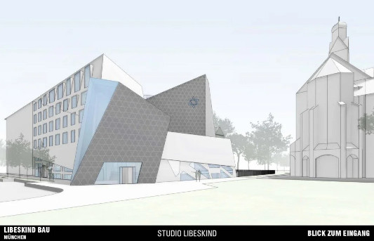 Architektonische Darstellung des Libeskind Bau in München mit modernen, geometrischen Formen und Blick auf den Eingang.