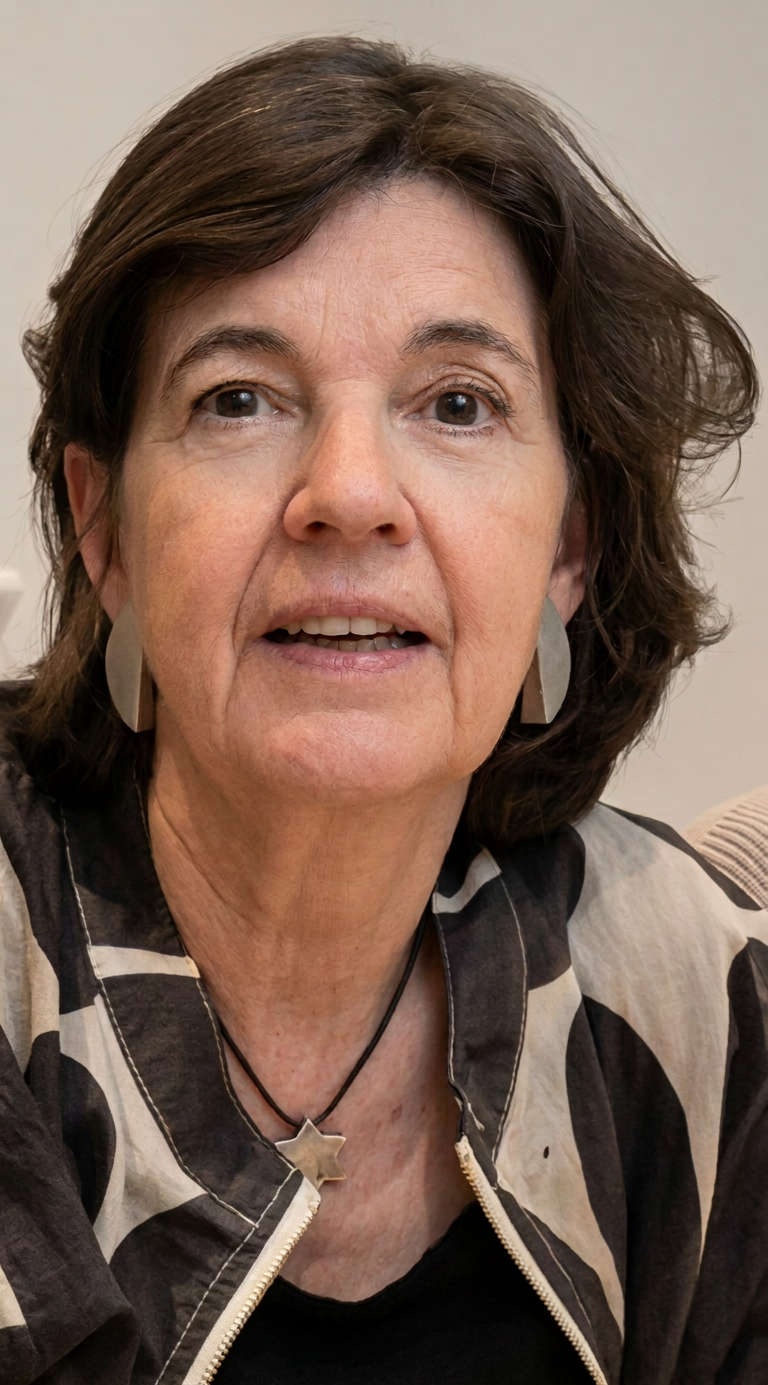 Nahaufnahme einer Frau mit kurzen, braunen Haaren, die in einem gestreiften Oberteil und auffälligen Ohrringen dargestellt ist.