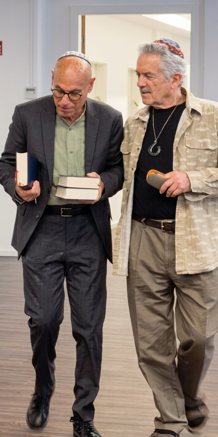 Zwei Männer gehen nebeneinander, jeder hält Bücher in der Hand. Der Mann links trägt einen Anzug und eine Brille, während der Mann rechts eine lockere Jacke trägt und einen kleinen Gegenstand in der Hand hält. Beide haben traditionelle Kopfbedeckungen auf.