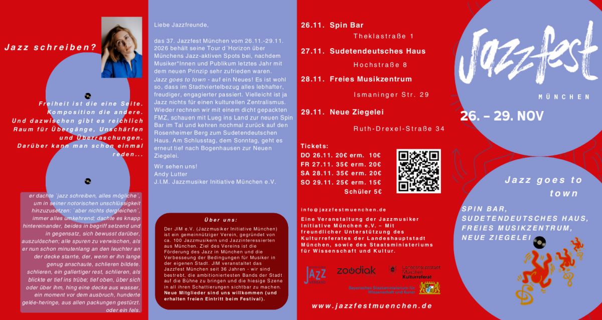 Ein Plakat für das Jazzfest München, das vom 26. bis 29. November 2023 stattfindet, mit Informationen zu Veranstaltungsorten und Tickets.
