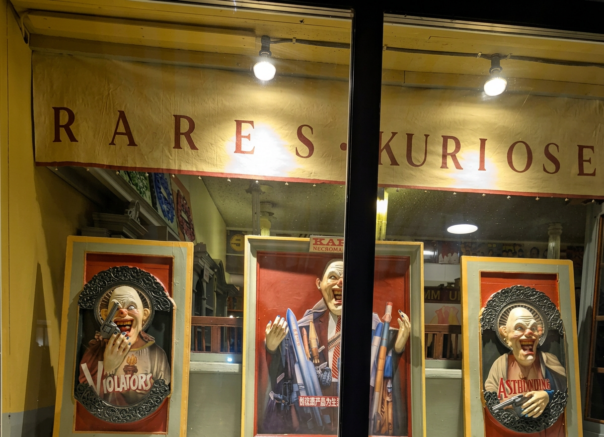 Schaufenster mit einem Banner, das "RARES KURIOSUM" anzeigt. Es zeigt drei Clownfiguren, die Waffen halten und verschiedene emotionale Ausdrücke zeigen.