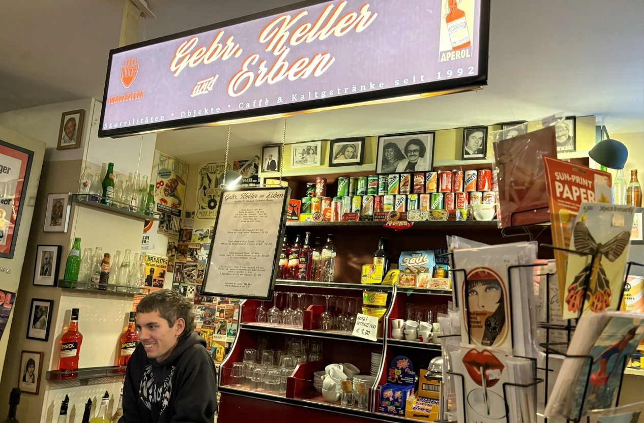 Thekenbereich eines Cafés mit dem Schild 'Gebr. Keller Erben', Regalen voller Getränke und Snacks, einer Getränkekarte und einer freundlichen Bedienung.